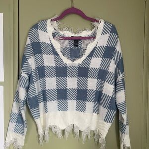 Just Polly New York  Blue White Buffalo Plaid Cropped Sweater Fringe Sz Med
